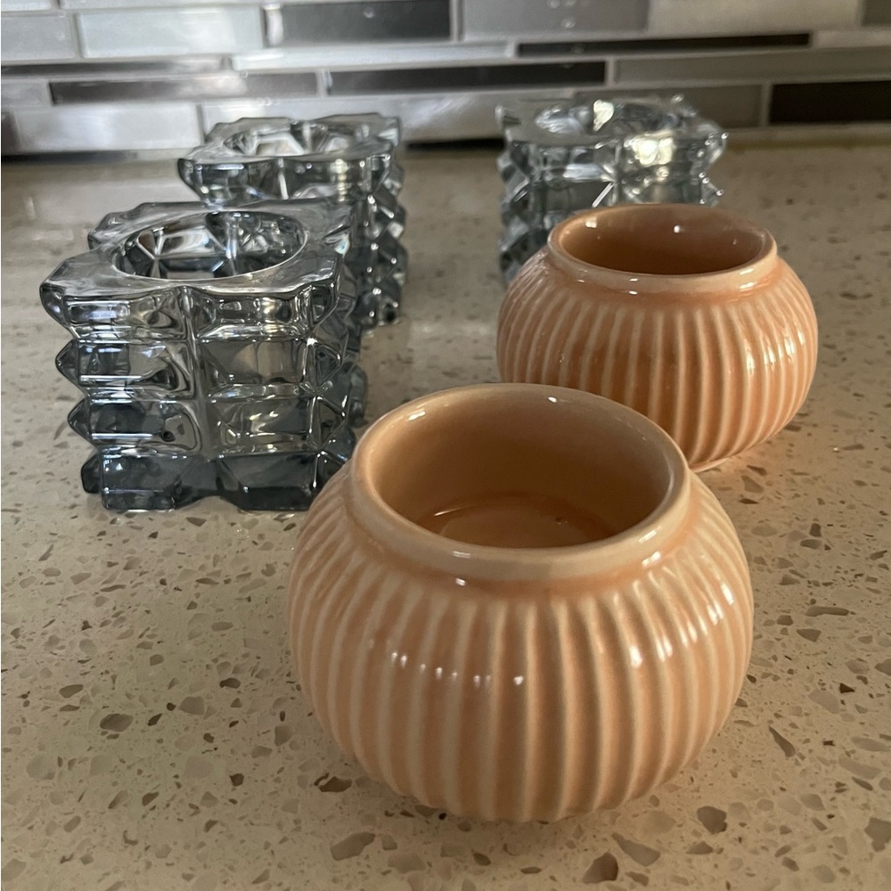 2 Peach Ceramic and 3 glass Candle Holders set